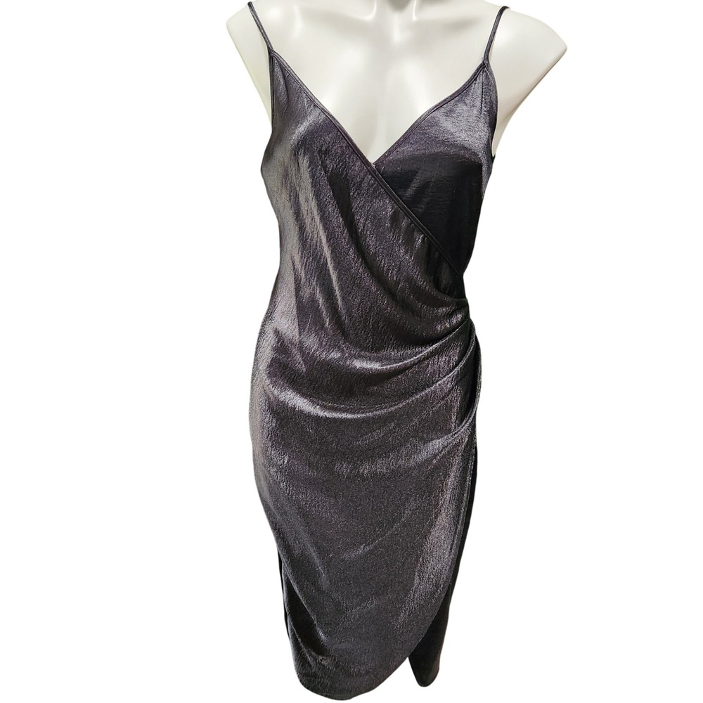 BCBG black satin slip cocktail dress rouched side Vneck Size 4
